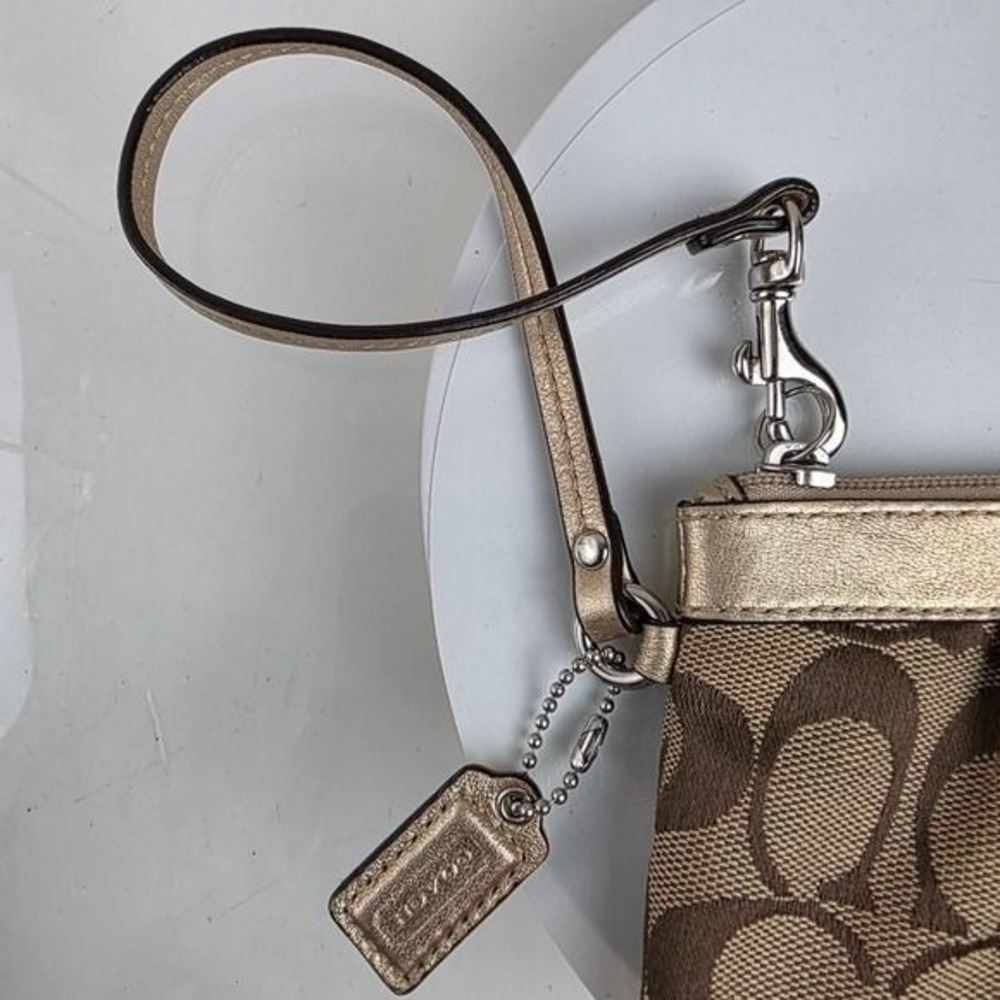 Coach Brown Gold Clutch Wristlet Coin Pouch Purse Small Canvas Jacquard Leather - Picture 4 of 9